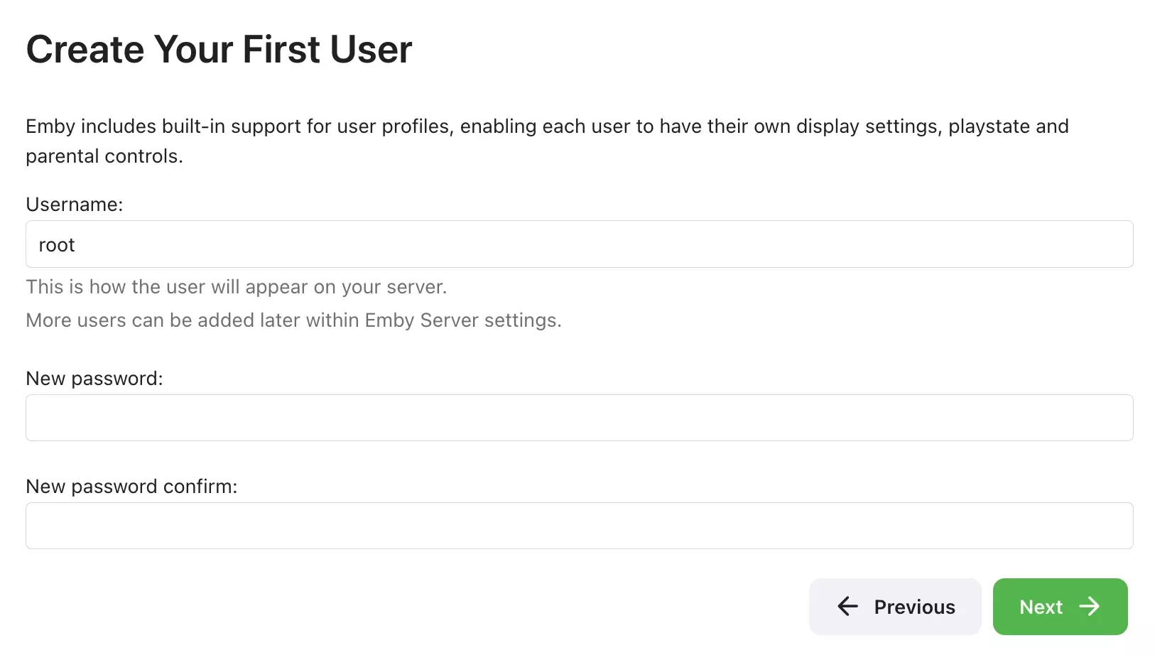 emby create first user