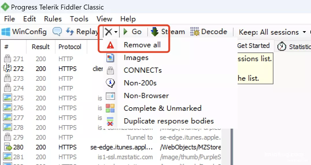 fiddler remove history